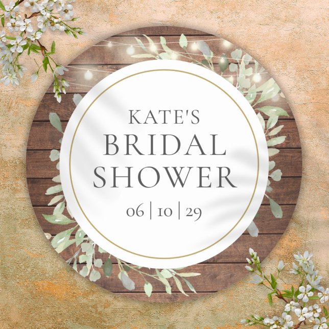 Pegatina Redonda Verdor Rústico de las cadenas iluminan la ducha de (Greenery Rustic String Lights Bridal Shower Classic Round Sticker)