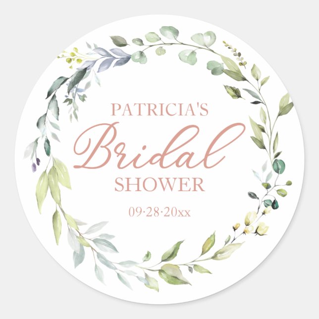 Pegatina Redonda Verdor Wreath Bridal Shower (Anverso)