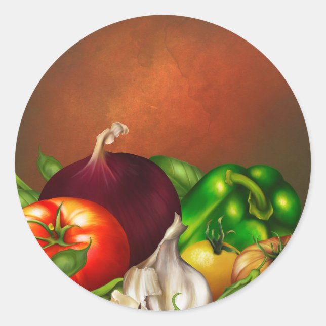 Pegatina Redonda Verduras y hierbas Comida vegetal orgánica natural (Anverso)