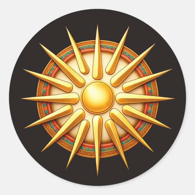 Pegatina Redonda Vergina Sun Emblem – Ancient Macedonian Symbol (Anverso)