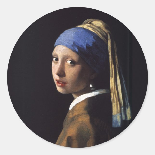 Pegatina Redonda Vermeer Chica Pearl Earring Masterpiece Pintura (Anverso)