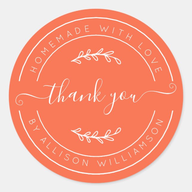 Pegatina Redonda Vermillion Orange Homemade Thank You Label (Anverso)