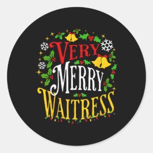 Pegatina Redonda Verry Merry Waitress Navidades Holiday Server Paja