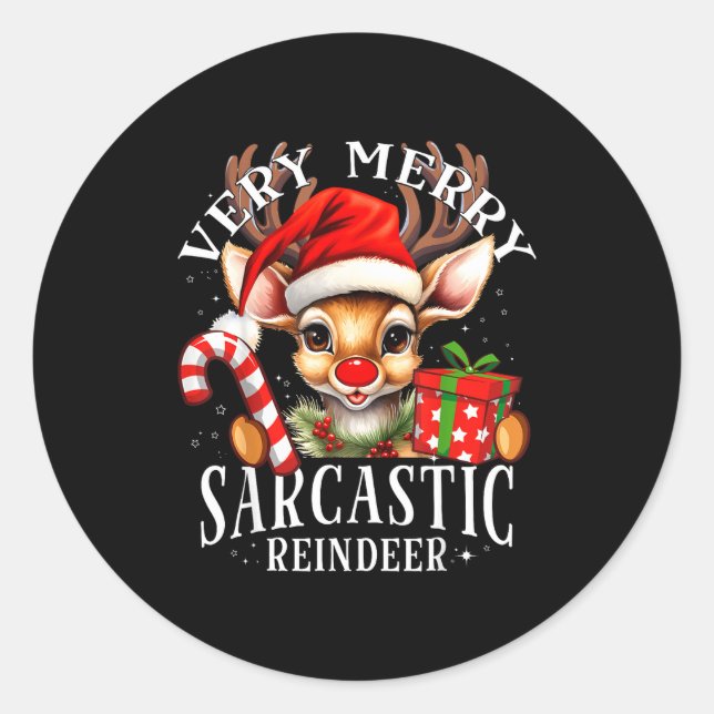 Pegatina Redonda Very Merry Sarcastic Reindeer Matching Christmas  (Anverso)