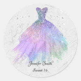 Pegatina Redonda Vestido arcoiris purpurina plata dulce dieciséis