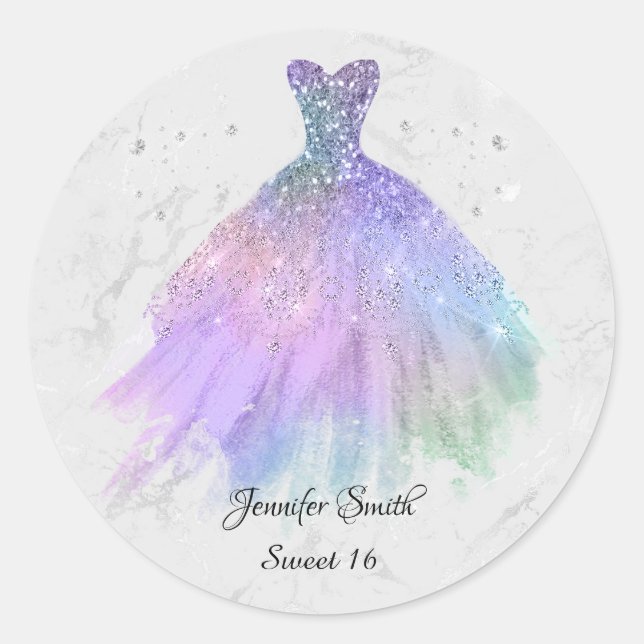 Pegatina Redonda Vestido arcoiris purpurina plata dulce dieciséis (Anverso)