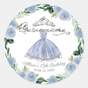 Pegatina Redonda Vestido azul claro plata Quinceanera Floral