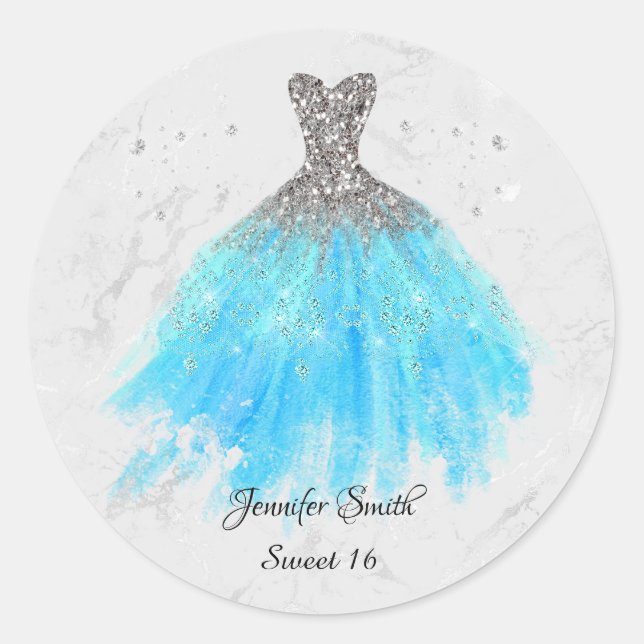 Pegatina Redonda Vestido azul purpurina plata dulce dieciséis (Anverso)