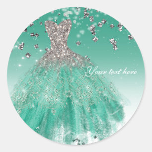Pegatina Redonda Vestido de glamour con brillo teal y plata para fi