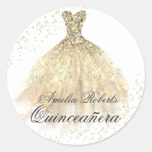 Pegatina Redonda Vestido de lentejuelas doradas Quinceanera Sticker
