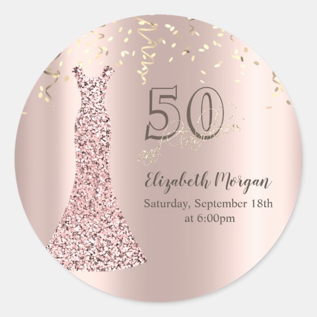 Pegatina Redonda Vestido de lentejuelas rosa oro Cumpleaños 50 (Anverso)