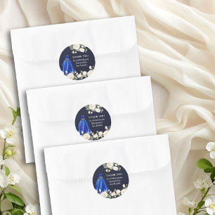 Pegatina Redonda Vestido de princesa Quinceañera azul oscuro floral