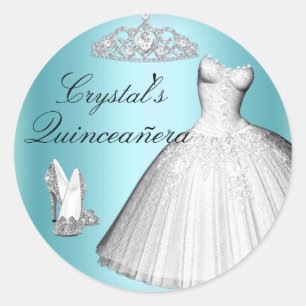 Pegatina Redonda Vestido de purpurina brillante y tacones Quinceane