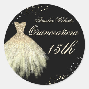 Pegatina Redonda Vestido de Quinceañera con Brillo de Oro Negro Sti