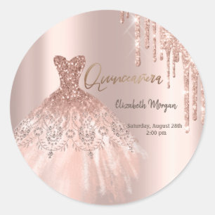 Pegatina Redonda Vestido de Quinceañera con Brillos de Oro Rosa que