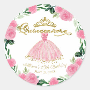 Pegatina Redonda Vestido de Quinceañera Rosa Floral Caliente