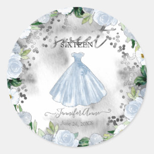 Pegatina Redonda Vestido Floral Azul Polvoriento Cumpleaños Dulces 