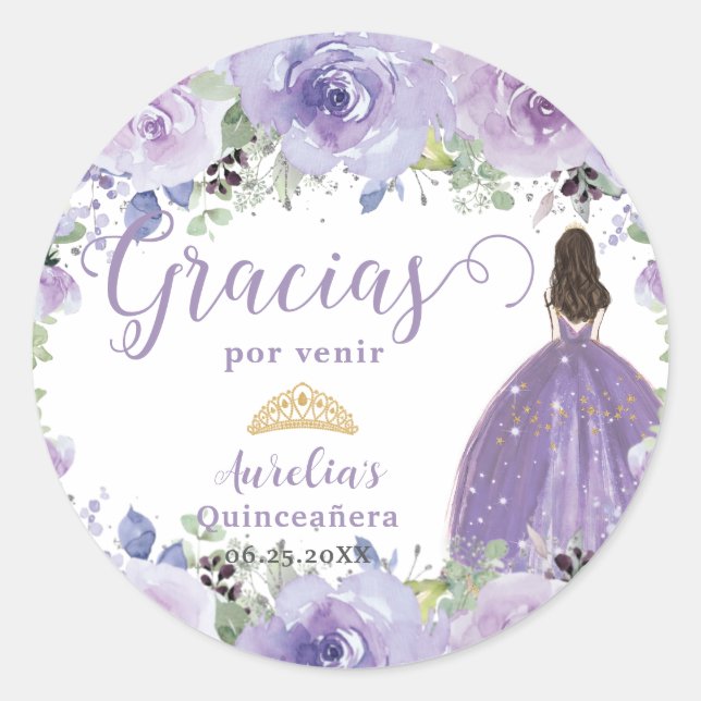 Pegatina Redonda Vestido Princesa Púrpura Lilac Floral Quinceañera (Anverso)