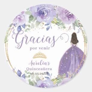 Pegatina Redonda Vestido Princesa Púrpura Lilac Floral Quinceañera