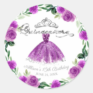 Pegatina Redonda Vestido púrpura plateado Quinceanera floral