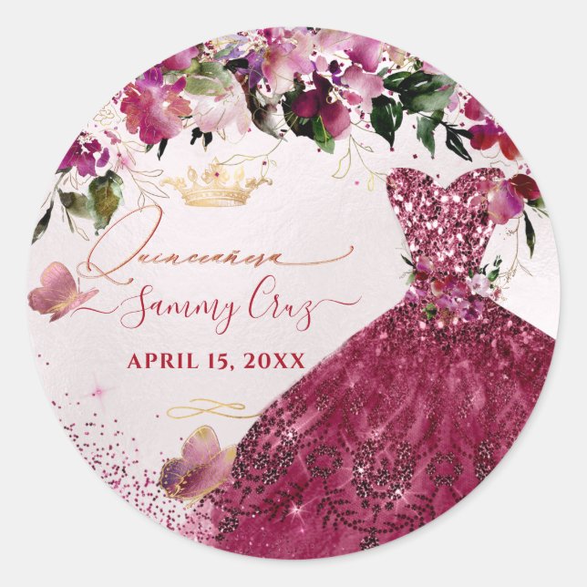 Pegatina Redonda Vestido Purpurina rojo de cerezo de Quinceanera (Anverso)