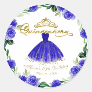 Pegatina Redonda Vestido Real Azul Quinceañera Floral