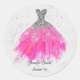 Pegatina Redonda Vestido rosa purpurina plata dulce dieciséis
