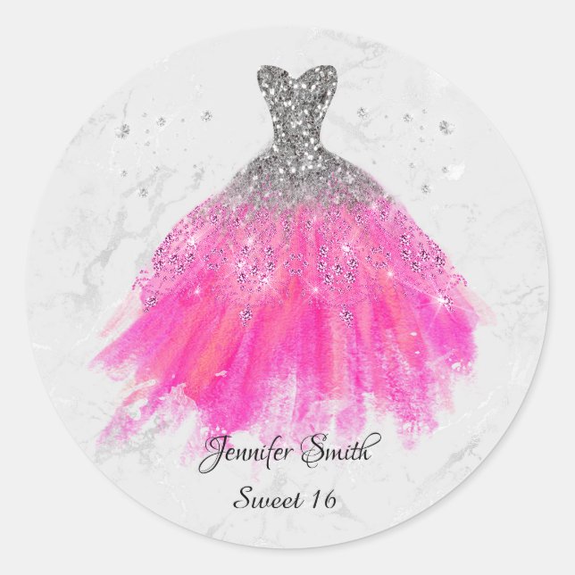Pegatina Redonda Vestido rosa purpurina plata dulce dieciséis (Anverso)