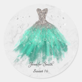 Pegatina Redonda Vestido verde purpurina plata dulce dieciséis