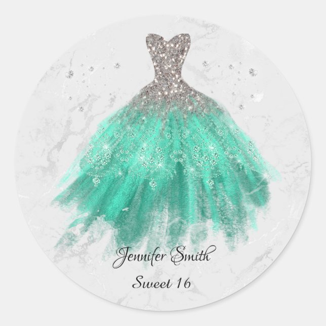 Pegatina Redonda Vestido verde purpurina plata dulce dieciséis (Anverso)