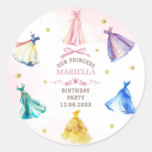 Pegatina Redonda Vestidos de princesa acuarela cumpleaños niña rea