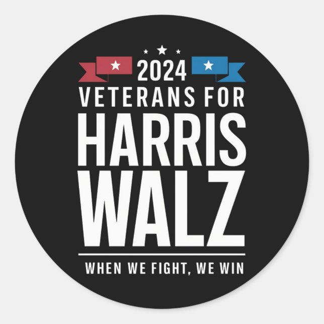 Pegatina Redonda Veteranos De Harris Walz 2024 (Anverso)