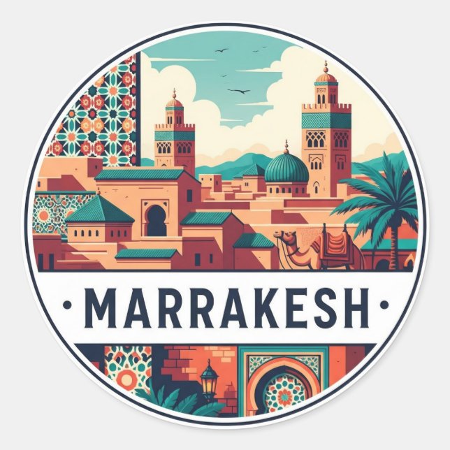 Pegatina Redonda Viaje a Marrakech Marruecos (Anverso)