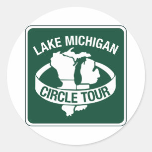 Pegatina Redonda Viaje del círculo del lago Michigan, Rótulo,