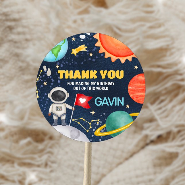 Pegatina Redonda Viaje en torno a la fiesta de cumpleaños del espac (Trip Around the Sun Outer Space Birthday Party Sticker)