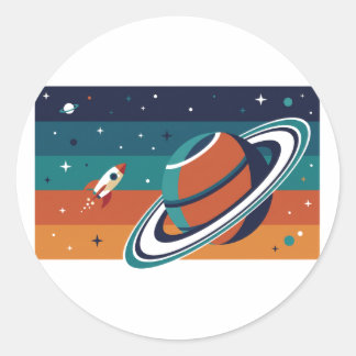Pegatina Redonda Viaje Espacial Retro