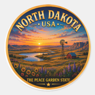 Pegatina Redonda Viaje Pacífico por Dakota del Norte 🟡