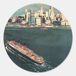 Pegatina Redonda Viaje Vintage en Crucero a la Ciudad de Nueva York