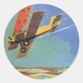 Pegatina Redonda Viaje vintage y transporte Biplano antiguo