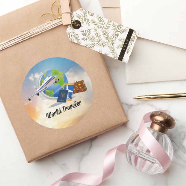 Pegatina Redonda Viajero del Mundo, Diseño 2, (Regalar)