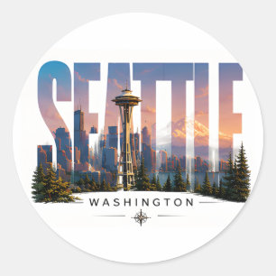 Pegatina Redonda ☕ Viajes a Seattle Horizontes Vistas de Montañas ☕