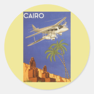 Pegatina Redonda Viajes antiguos a El Cairo, Egipto, Avión Biplano
