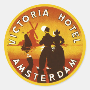 Pegatina Redonda Viajes antiguos, Hotel Victoria, Ámsterdam, Holand