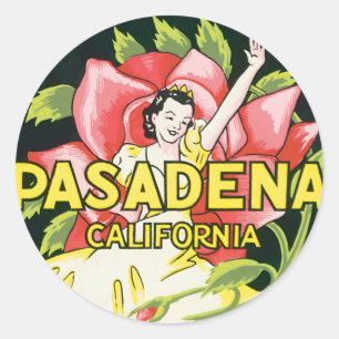 Pegatina Redonda Viajes Antiguos, Pasadena California, Dama y Rosa