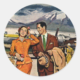 Pegatina Redonda Viajes Antiguos, Turistas en la Pista del Aeropuer