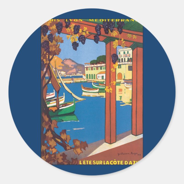 Pegatina Redonda Viajes de época, Mar Mediterráneo de la Riviera Fr (Anverso)