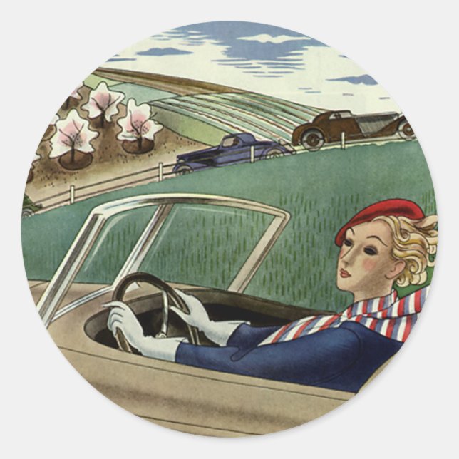 Pegatina Redonda Viajes de época, mujer elegante en coche convertib (Anverso)