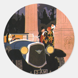 Pegatina Redonda Viajes de moda vintage, elegante coche convertible