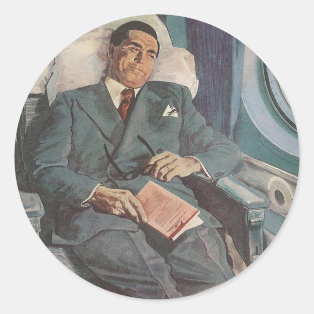 Pegatina Redonda Viajes de negocios antiguos, lectura en el avión (Anverso)