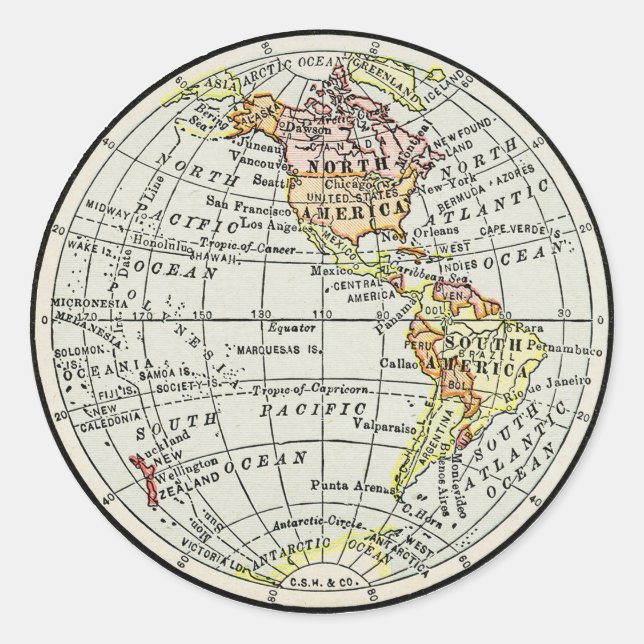 Pegatina Redonda Viajes en globo del mapa del hemisferio occidental (Anverso)